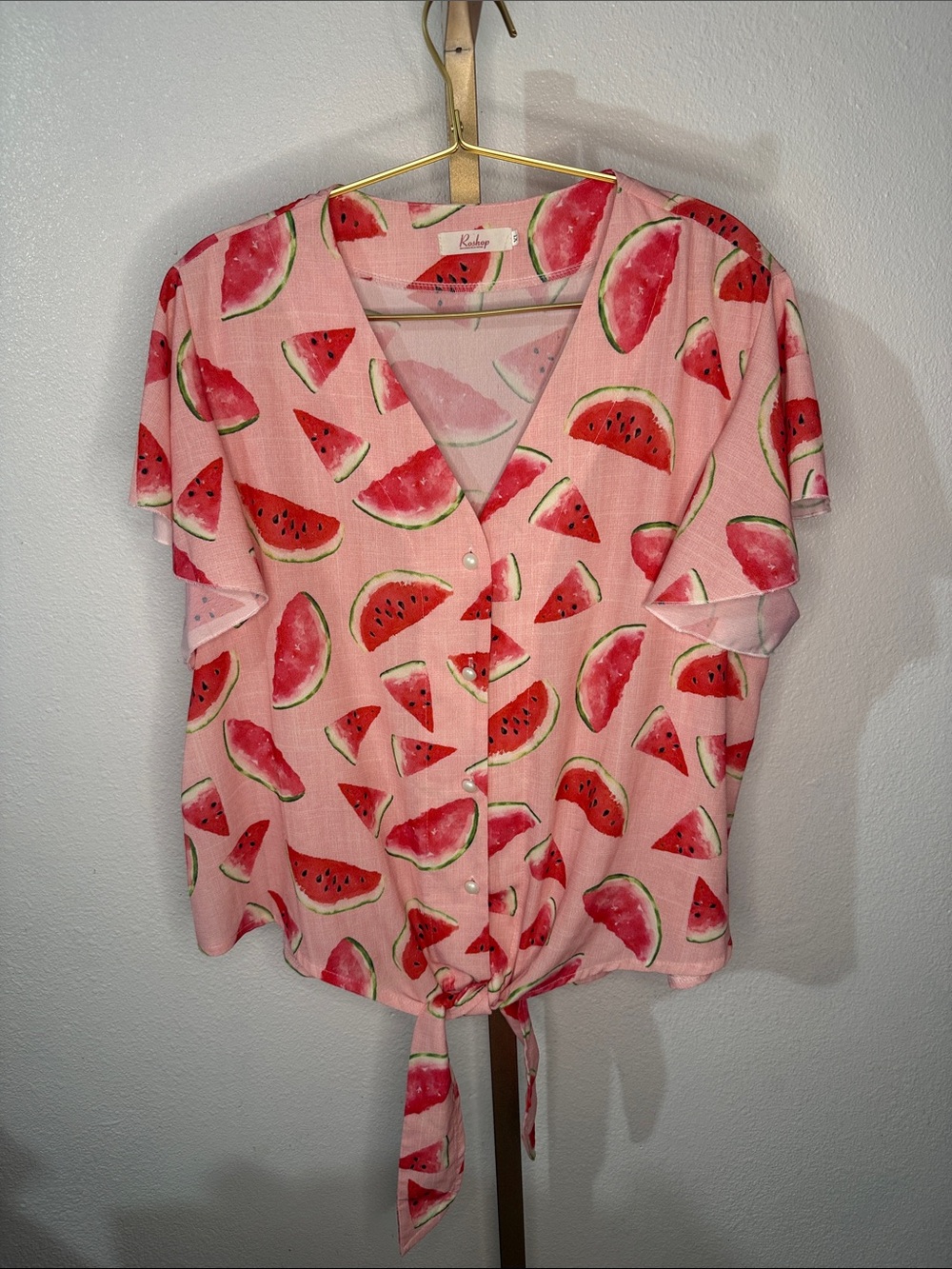 Pink Watermelon Print Tie-Front Blouse- XL
